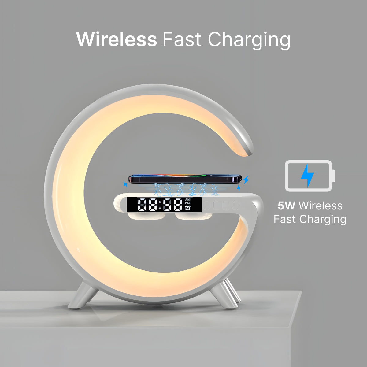 Smart G Shape Lamp – Wireless Charger with Built-in Speaker & Alarm Clock Smart G Shape Lamp – Wireless Charger with Built-in Speaker & Alarm Clock
